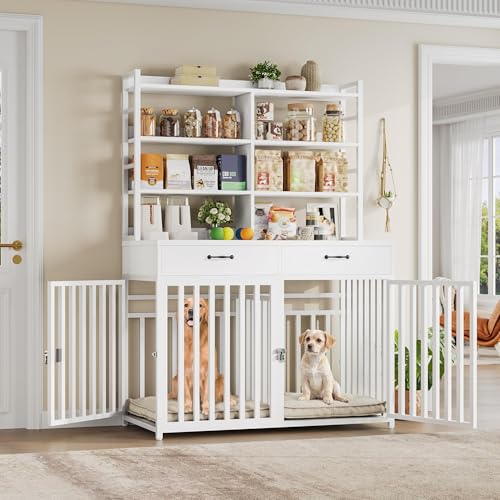 Keyluv 71''H x 47.2''W Large Dog Crate Furniture with 4-Tier Shelves and 2 Storage Drawers, Heavy Duty Dog Cage Furniture with 2 Doors