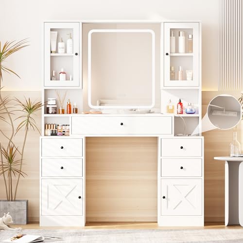 Vanity Desk with Mirror and Lights,White Makeup Vanity Table with Power Strip & LED Lighted Mirror,43in Large Makeup Desk with 5 Drawers