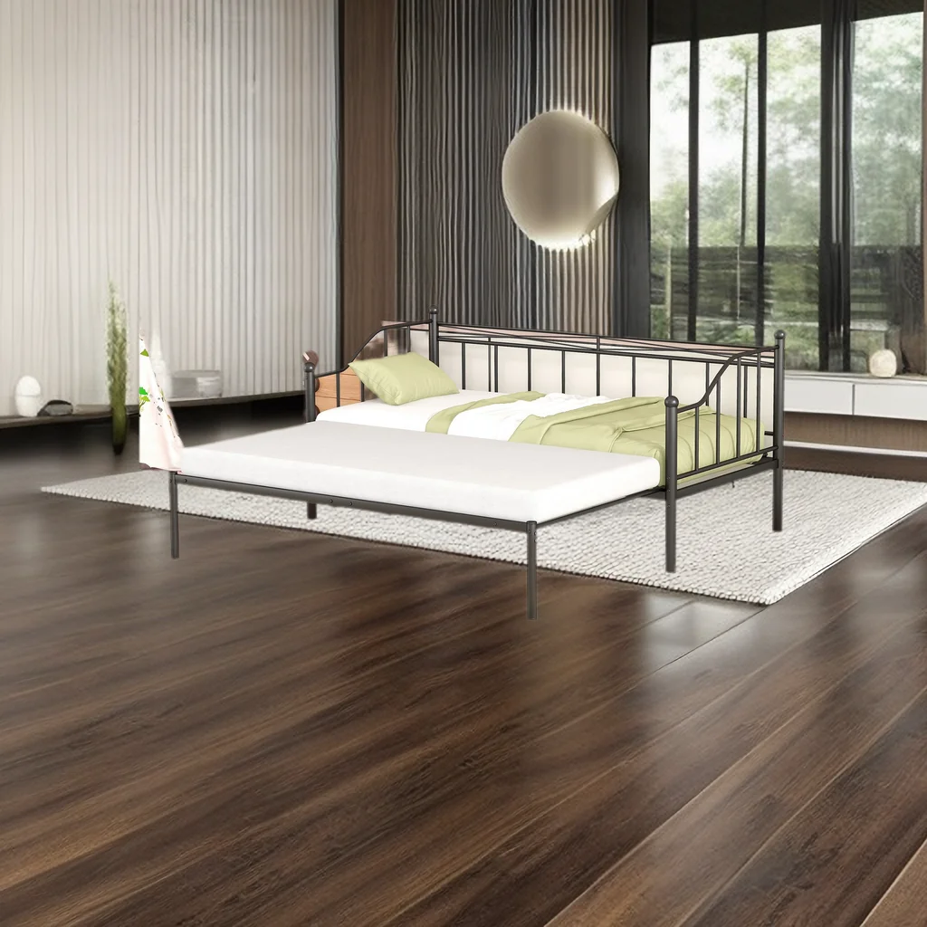 Metal Daybed with Trundle, Twin Size Daybed Frame with Heavy Duty Slats, Modern Space Saving Sofa Bed for Bedroom Living Room
