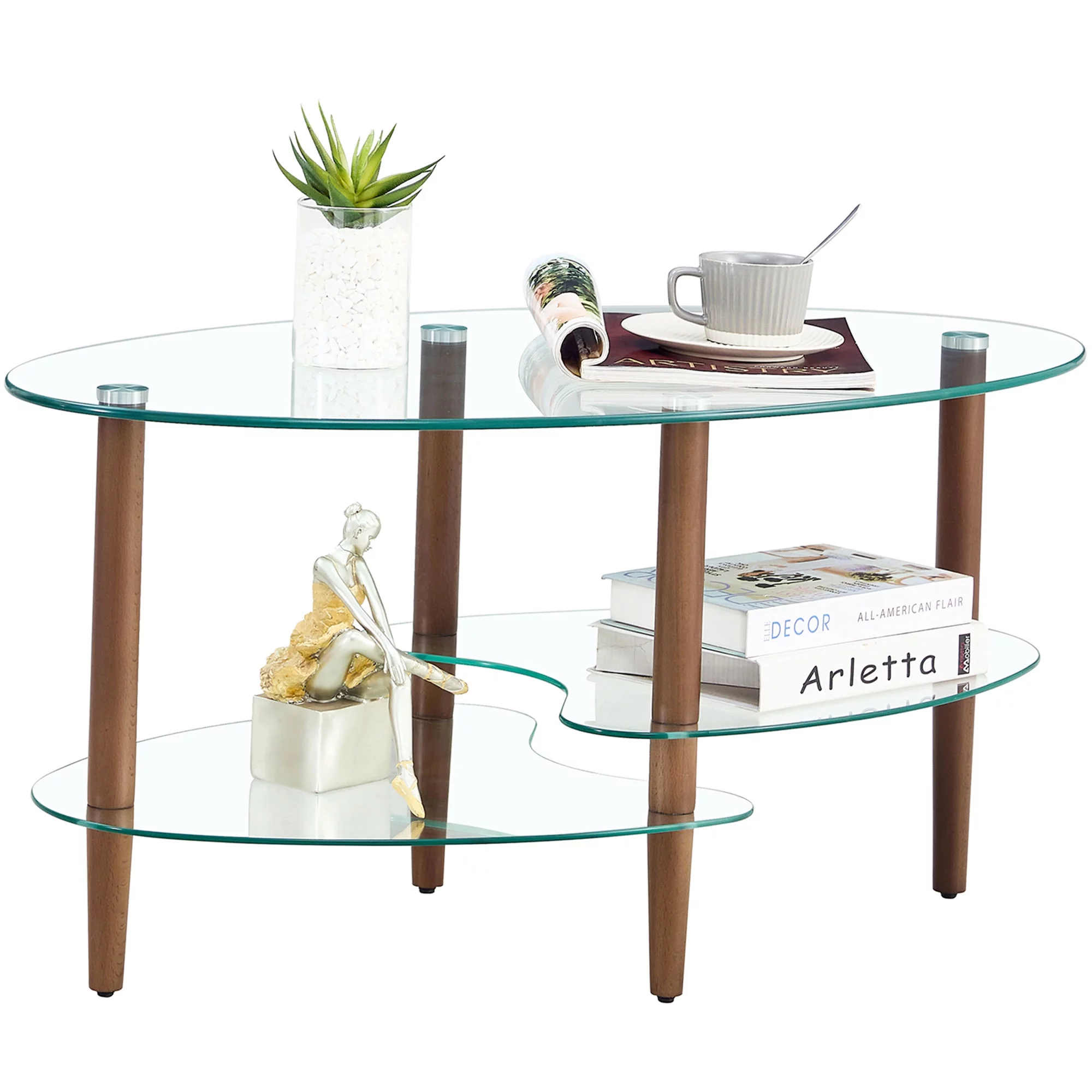 Modern Oval Glass Coffee Table with Storage for Living Room
