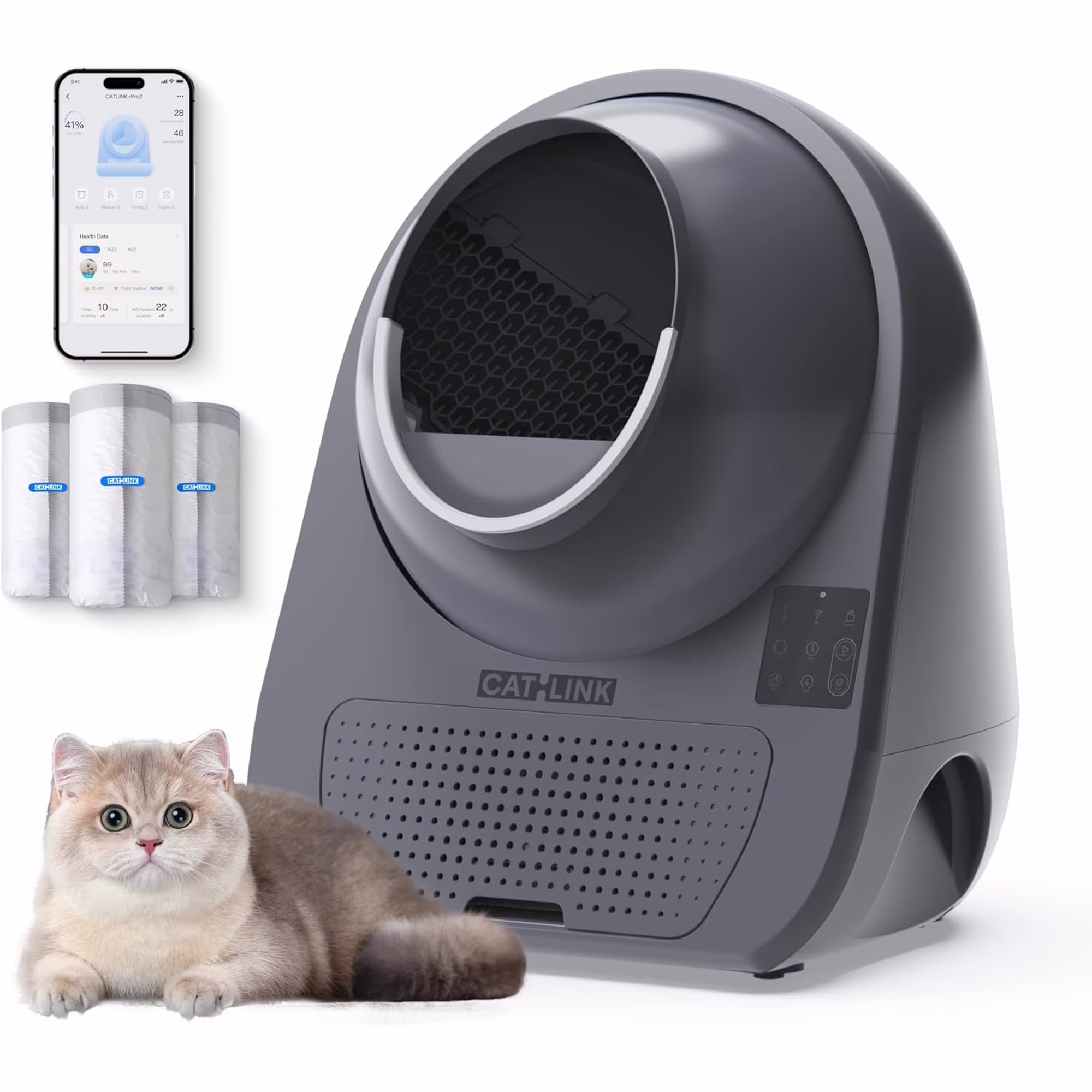 CATLINK Automatic Cat Litter Box Self Clean, Multiple Cats Health Track,  Large Cat Litter Box Automatic, App Control, with Waste Bags, Gray