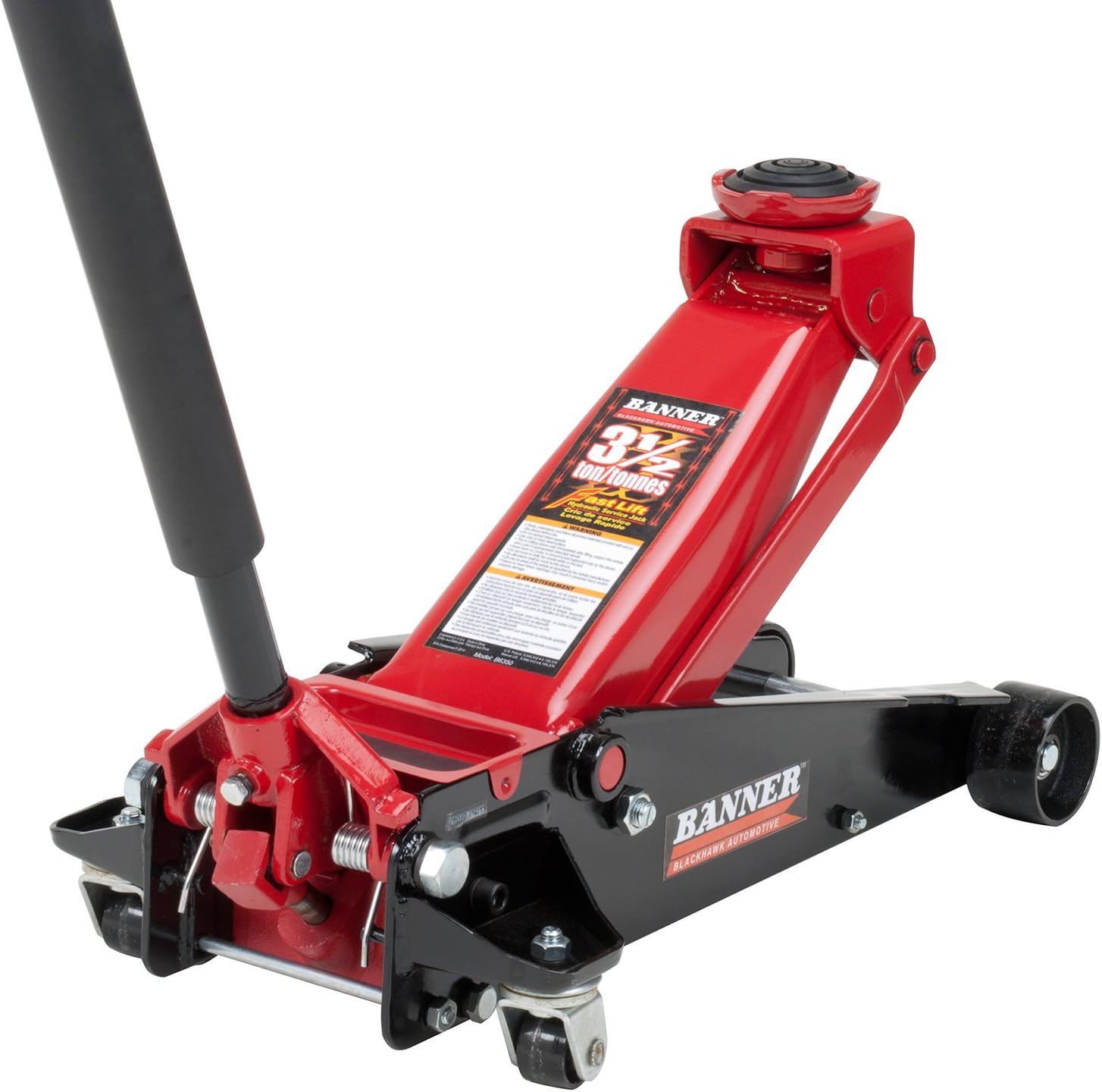 Blackhawk B6350 Black/Red Fast Lift Service Jack - 3.5 Ton Capacity, 28 1/2" L x 13 3/4" W x 6 1/2" H