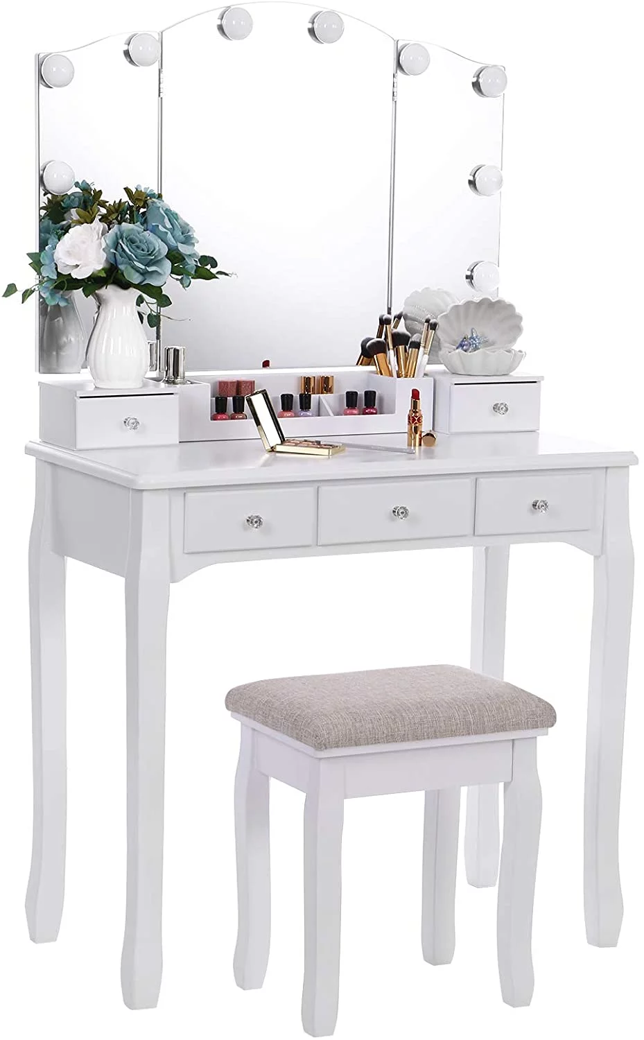 BEWISHOME Vanity Set with Lighted Mirror, Makeup Vanity with Tri-Folding Mirror 10 LED Bulbs