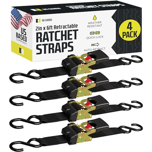 DC Cargo - Retractable Ratchet Straps, 2 Pack (1 inch x 10 feet) - Heavy Duty Tie Down Auto Retractable Ratchet Straps