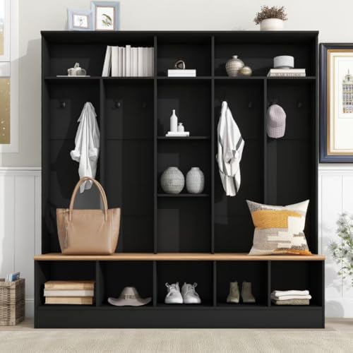 72" H Wide Design Hall Tree with Storage Bench, Minimalist Shoe Cabinet with Cube Storage & Shelves