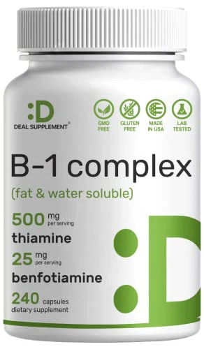 Vitamin B1 500mg with Benfotiamine, 240 Capsules ?2 in 1 Enhanced Formula ?Fat & Water Soluble Thiamine B1 Supplement ?Third Party Tested, Non-GMO