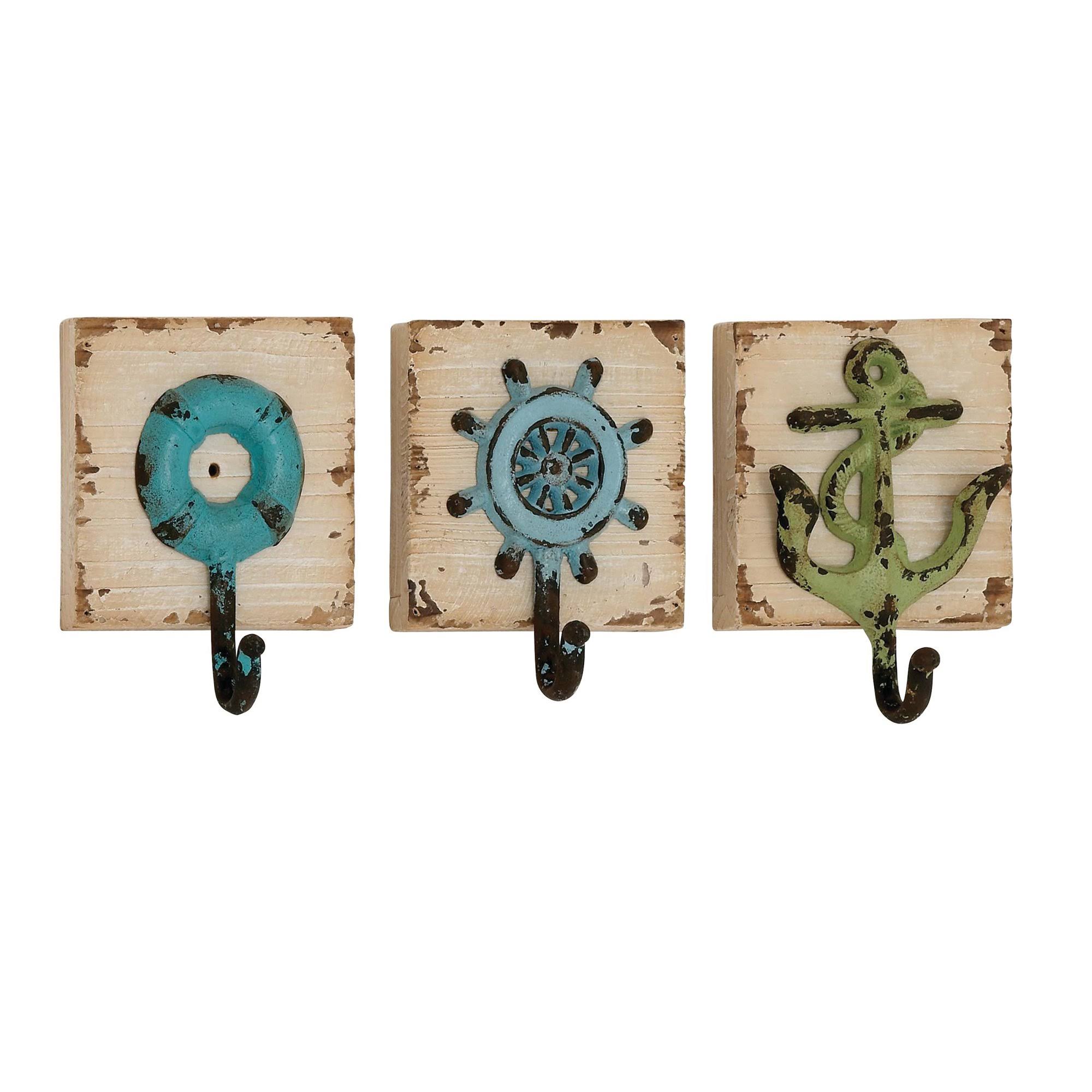 Benjara Nautical Wood and Metal Wall Hook with Distressed Details, Antique White