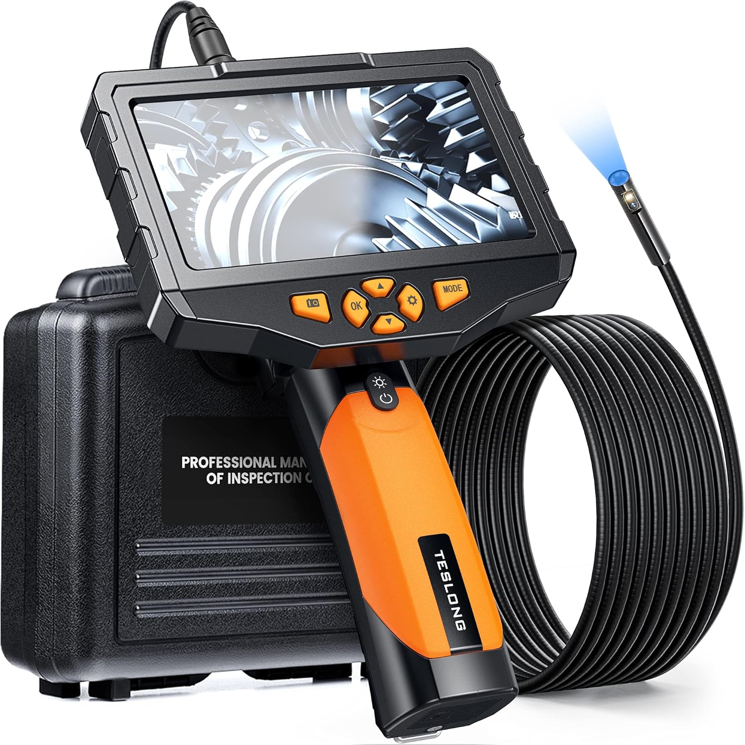 Teslong Dual Lens Inspection Camera with Light, Digital Industrial Borescope, Video Endoscope, Scope Camera, 5 IPS Screen, 16.4ft Flexible Probe