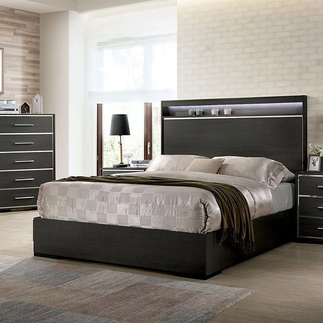 1pc Eastern King Size Storage Platform Bed Wooden Bedroom Furniture Gray Finish