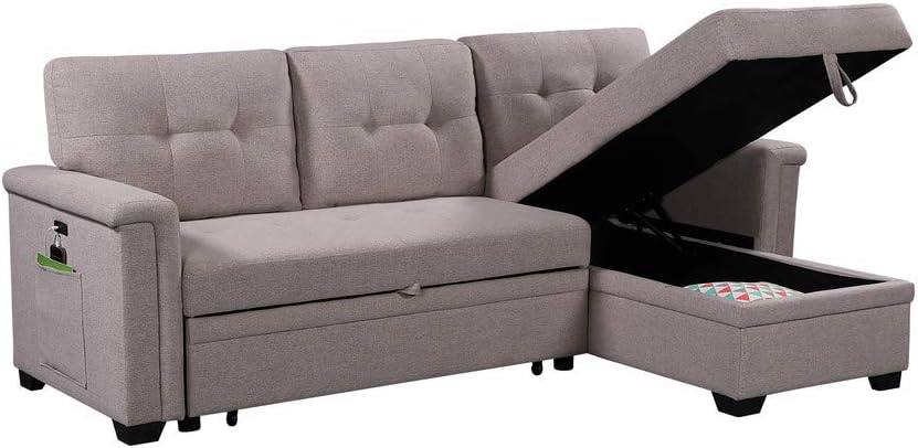 Sectional Sleeper Sofa with Storage Chaise and Pull Out Bed, Linen Tufted Upholstered Convertible Corner Couch for Living Room, Home Furniture