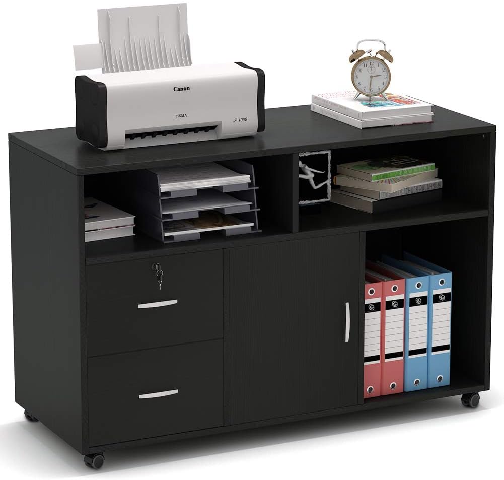 Tribesigns Wood File Cabinet, 2 Drawer Storage Printer Stand, Mobile Lateral Filing Cabinet with Locks and Wheels, Open Storage Shelves for Study