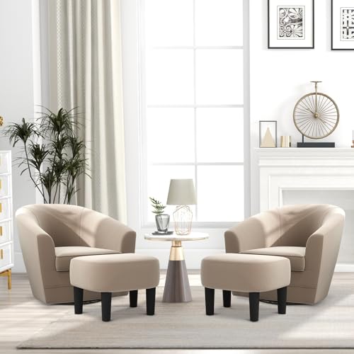 Swivel Accent Chair with Ottoman Set of 2, Soft Velvet 360 Degree Swivel Barrel Round Club Tub Chair with Footrest
