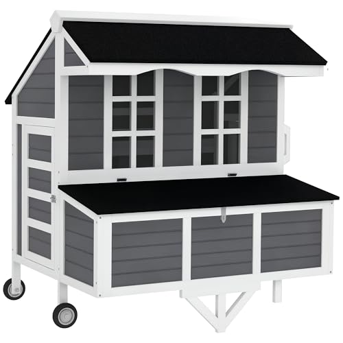 PawHut 43" Chicken Coop with Wheels, Mobile Chicken House with Nesting Box, Windows, Pull-Out Tray, Perches, Wooden Chicken Tractor for 2-4 Hens