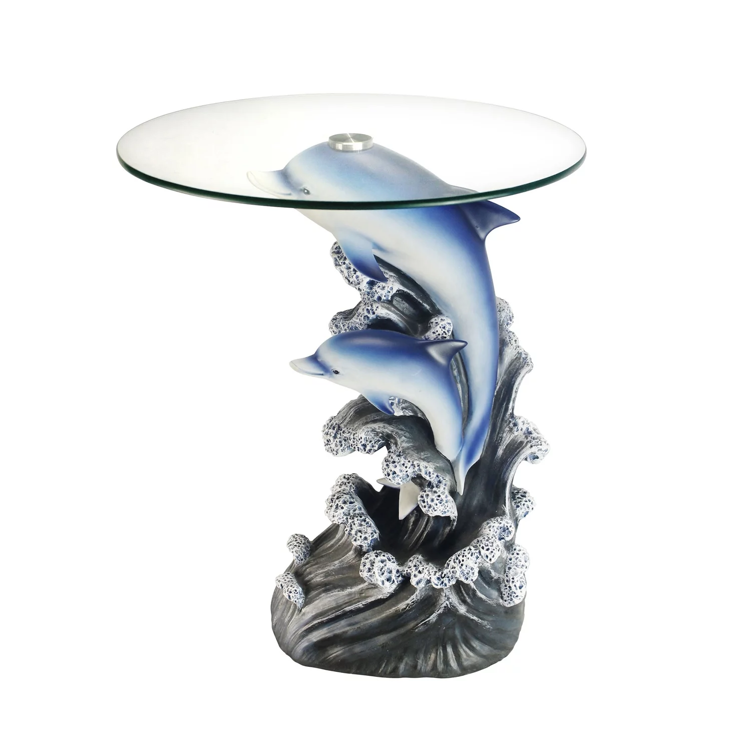 Homestock Hollywood Regency 24" Tall Glass top End Table, Polyresin Dolphin Base