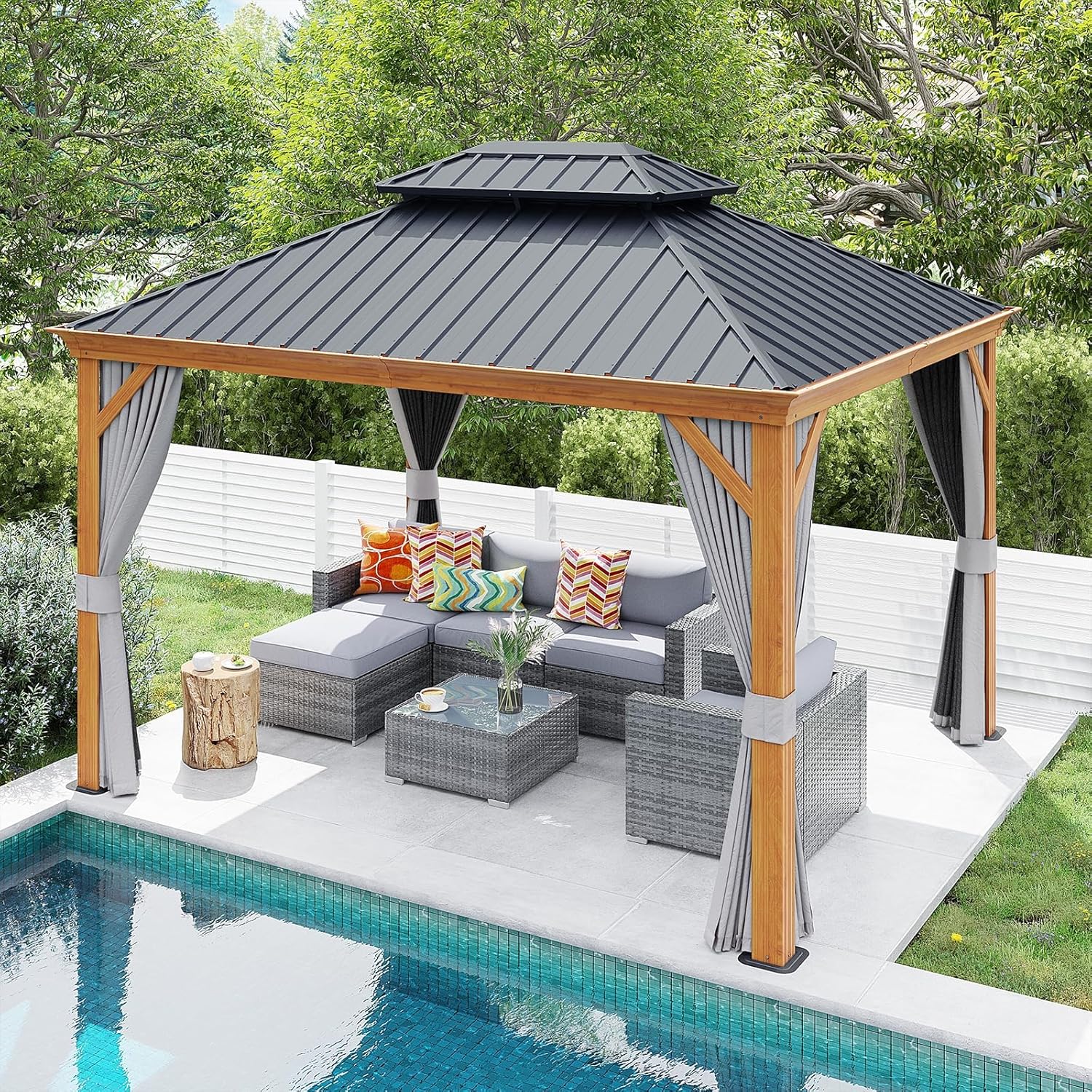 Patiorama 10’ x 12’ Hardtop Gazebo, Outdoor Wood Grain Frame Aluminum Gazebo with Galvanized Steel Double Vented Roof Canopy