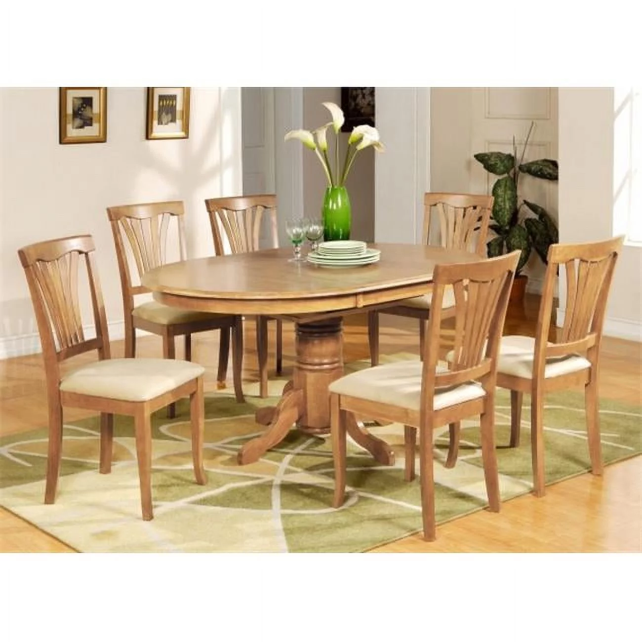 5PC Oval Dining Set with Single Pedestal with 18 in. leaf Table and 4 Cushioned seat chairs in Oak Finish