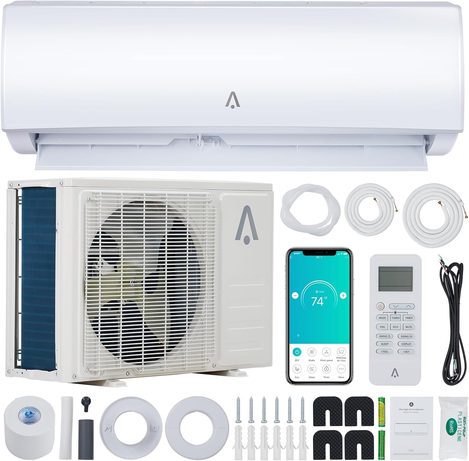 12,000 BTU Mini Split AC, 19 SEER2 Wall Mounted AC with Heat Pump & Installation Kits
