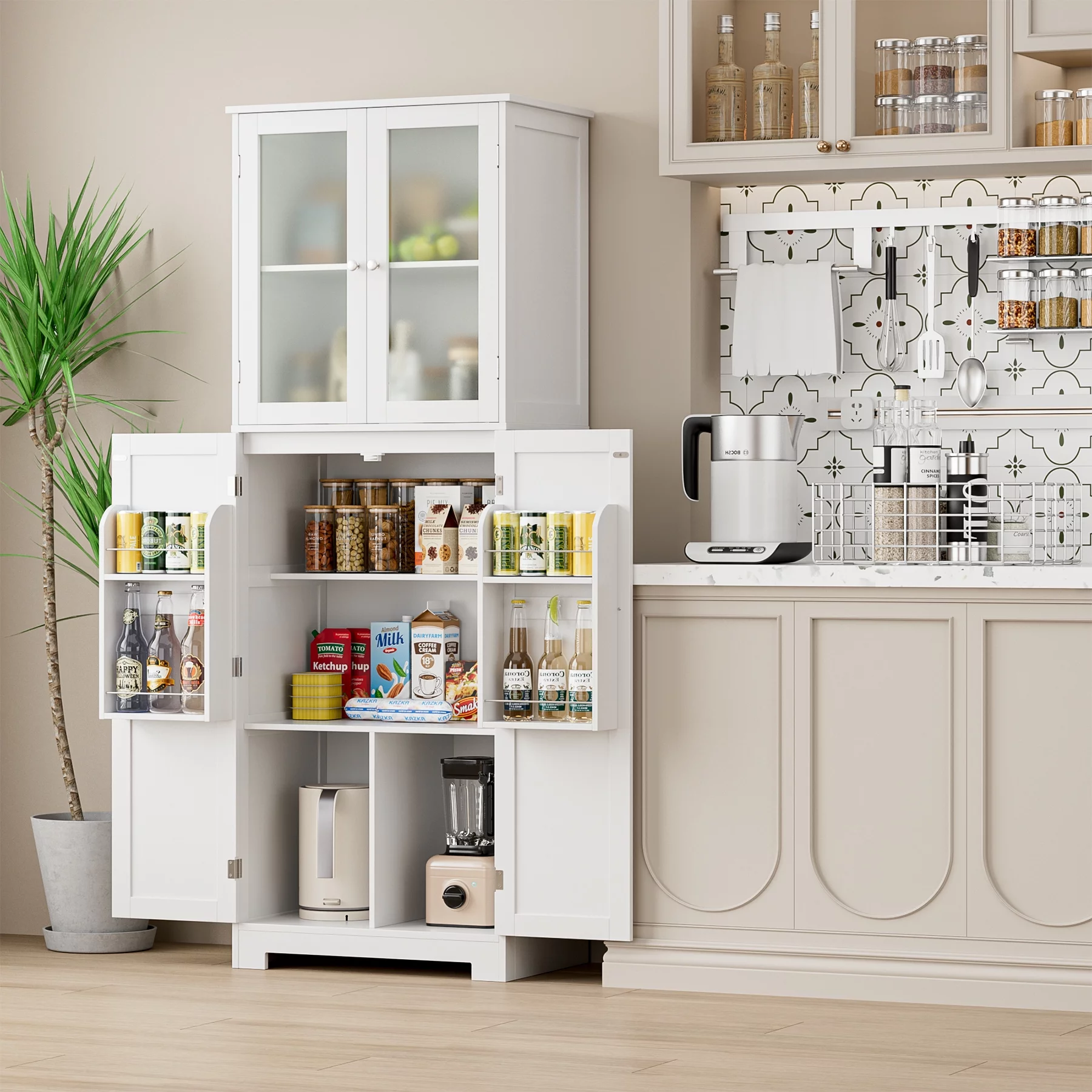 Homfa Farmhouse Kitchen Pantry Cabinet,  67'' Food Storage Cabinet with Frosted Glass Doors for Dining Room, White