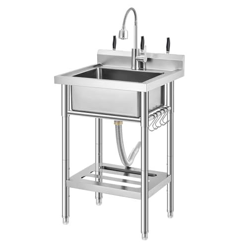 Commercial Stainless Steel Utility Sink with Faucet, Freestanding Laundry Sink with Adjustable Legs, Storage Shelf, Hooks, Backsplash