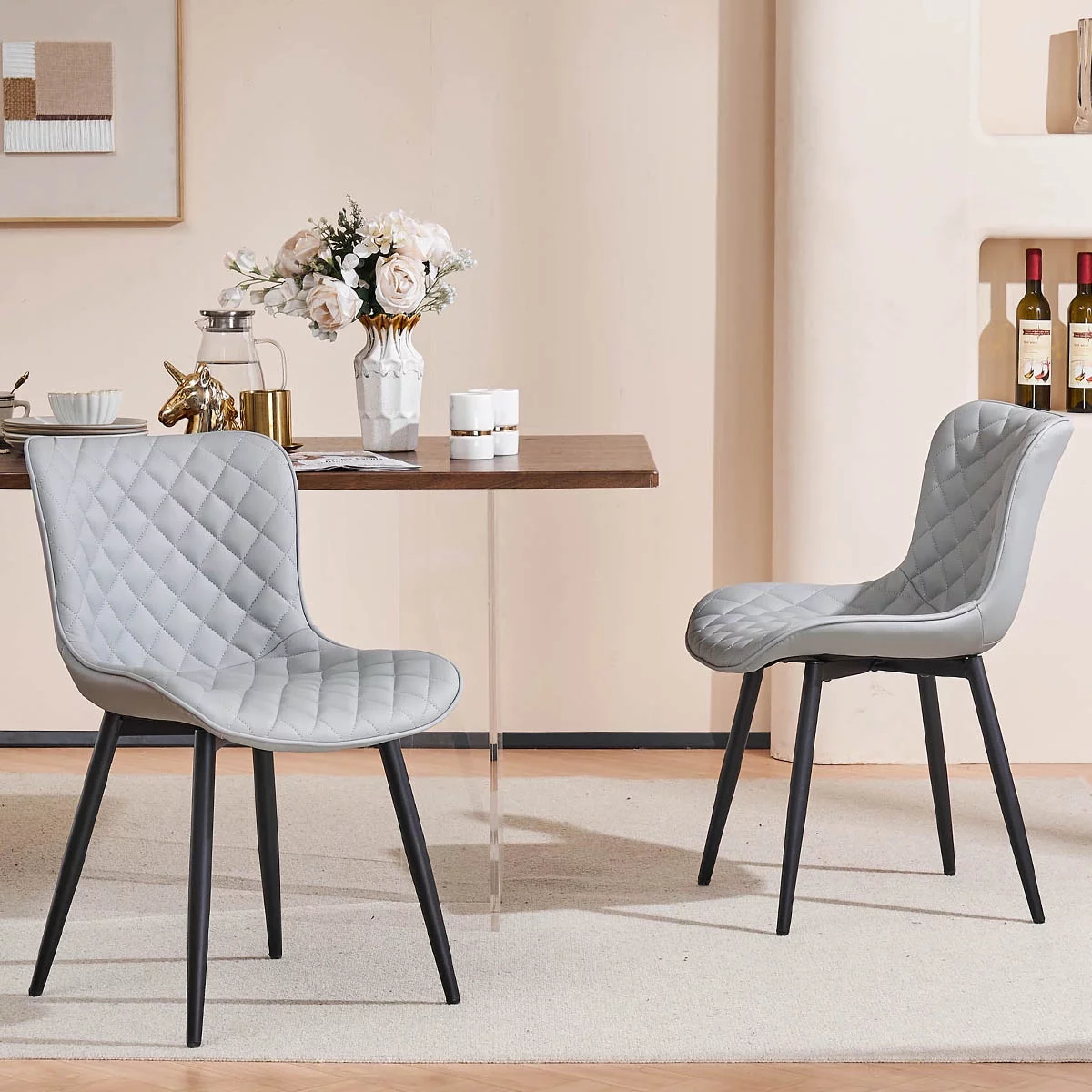 YOUNIKE Dining Chairs Set of 2 PU Leather Diamond Grid Upholstered Modern Dining Room Side Chair, Gray