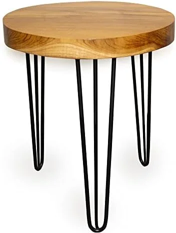 KHBIULIFE Natural Teak Wood Slab Round Accent End Table (Teak Wood)