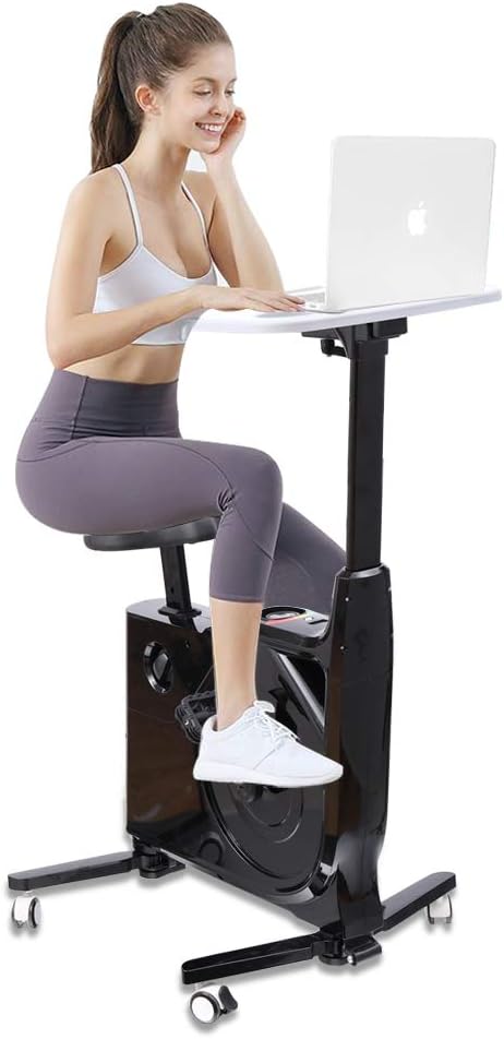 8-Level Magnetic Resistance Exercise Bike Desk, Office Desk Workstation W/ Adjustable Desk & Leather Seat