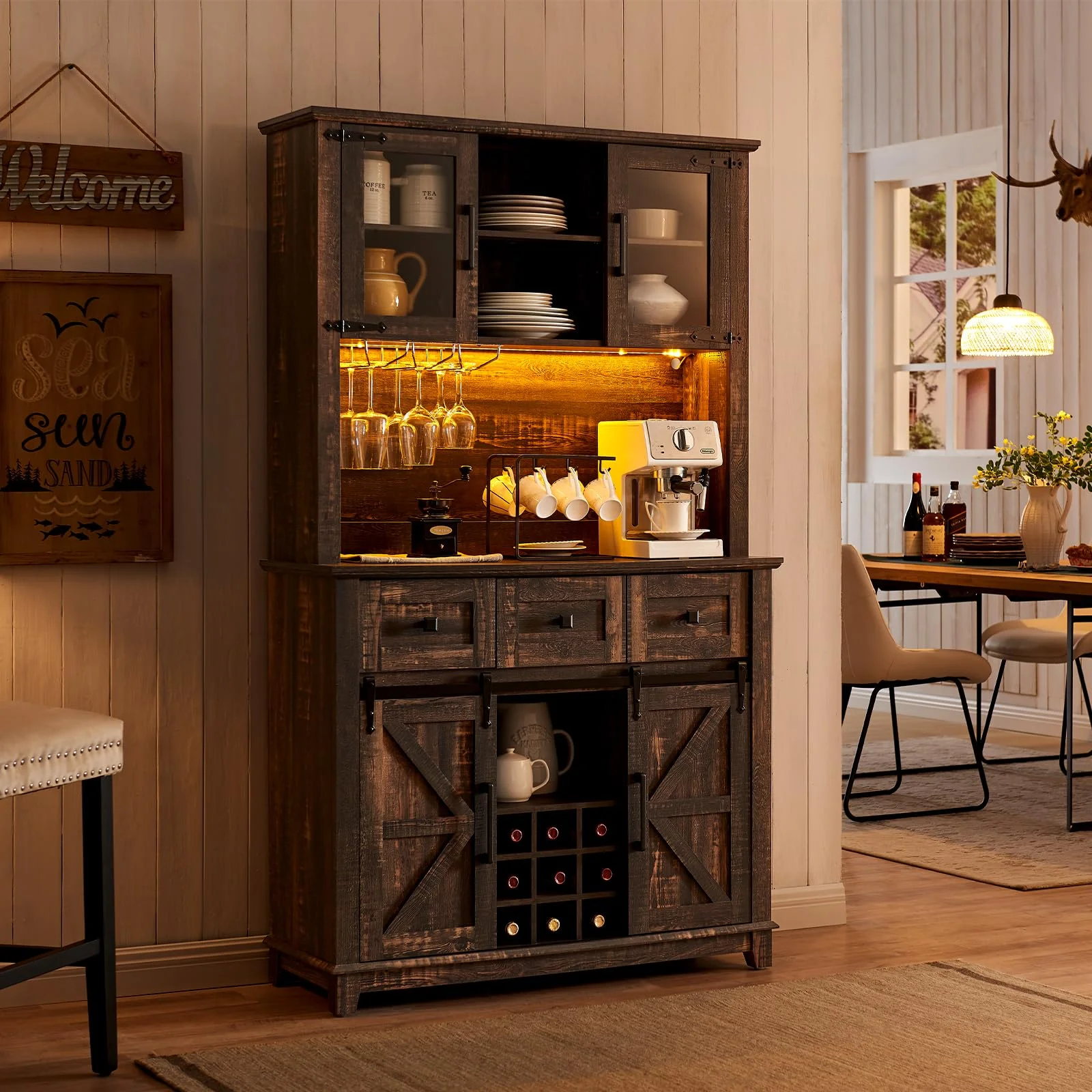 Amerlife Farmhouse Kitchen Cabinet Coffee Display Bar with LED Lights, Dark Rustic Oak