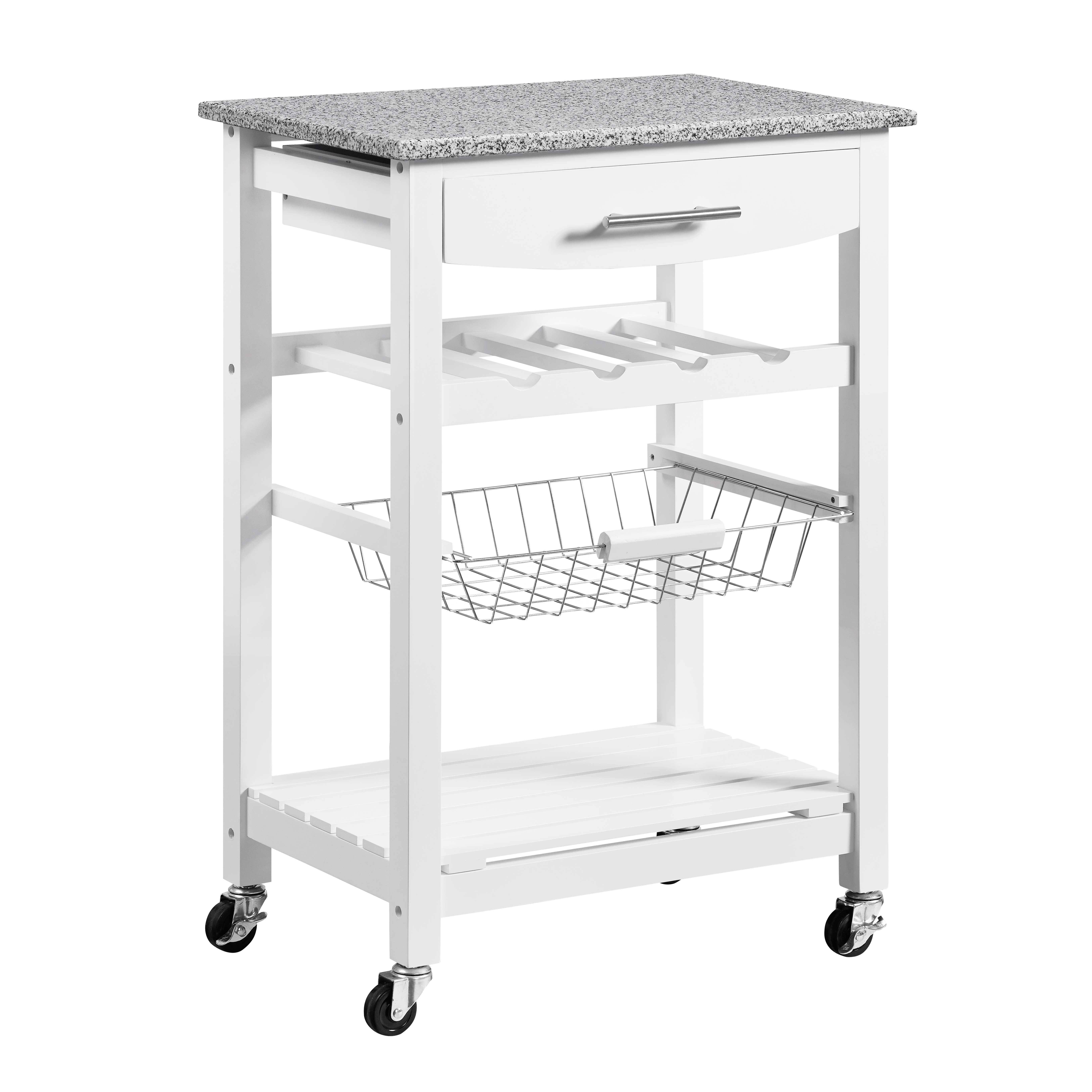 Contemporary Style Kitchen Island with Granite Top and Casters White