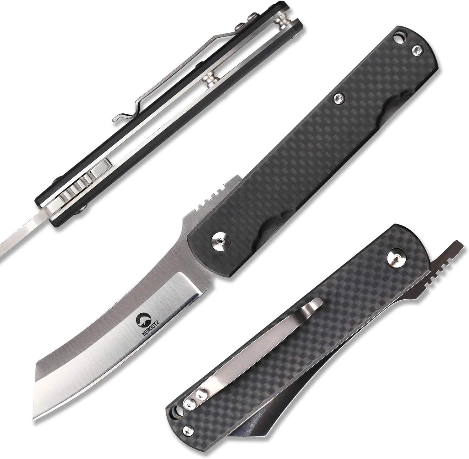 NEWOOTZ Handmade Higonokami Razor Folding Pocket Knife with Clip and Sheath,3in D2 Steel Blade,Carbon Fiber Liner Lock Handle EDC Knives for Men
