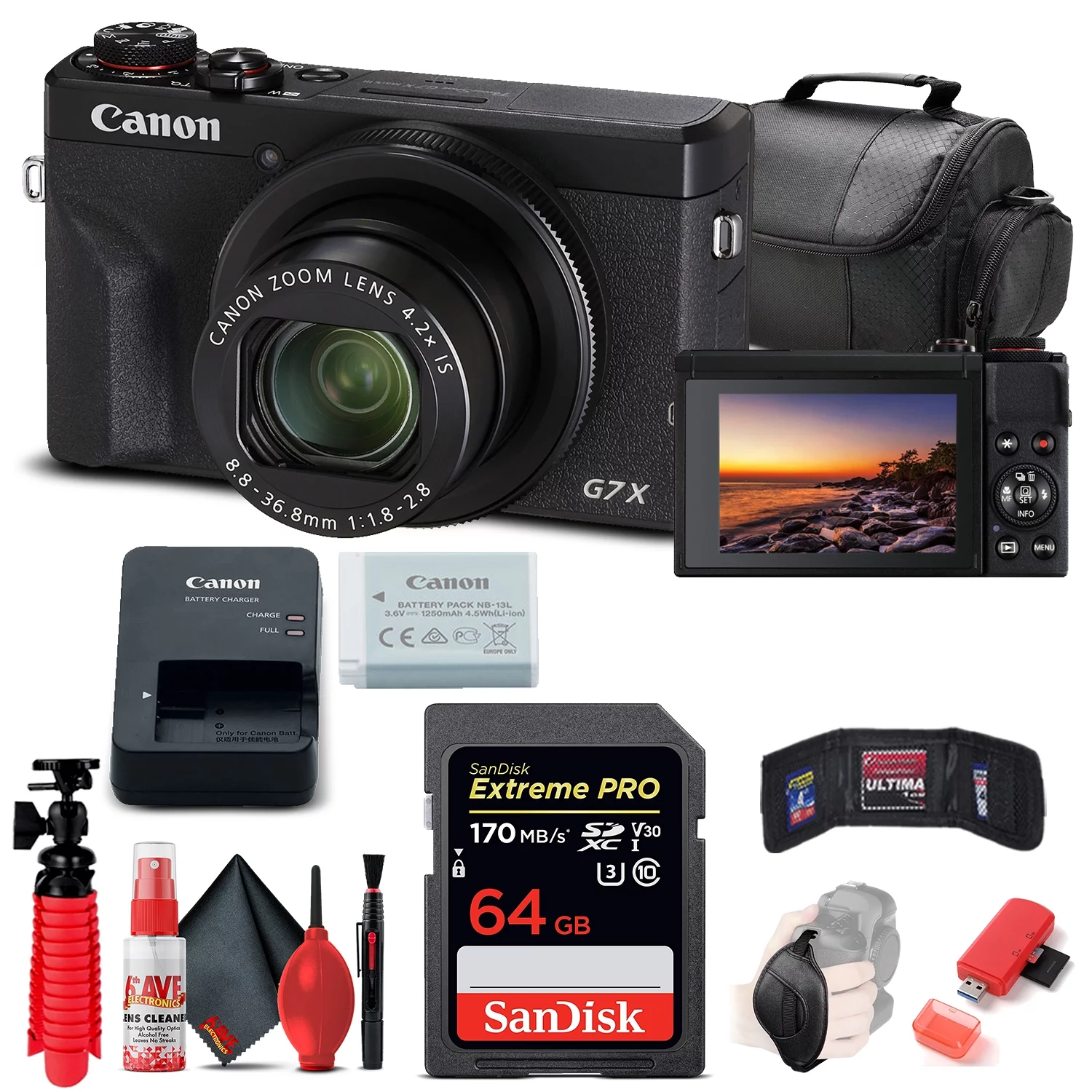 Canon PowerShot G7 X Mark III Digital Camera (Black) (3637C001), 64GB Card, Card Reader, Soft Bag, Flex Tripod, Hand Strap