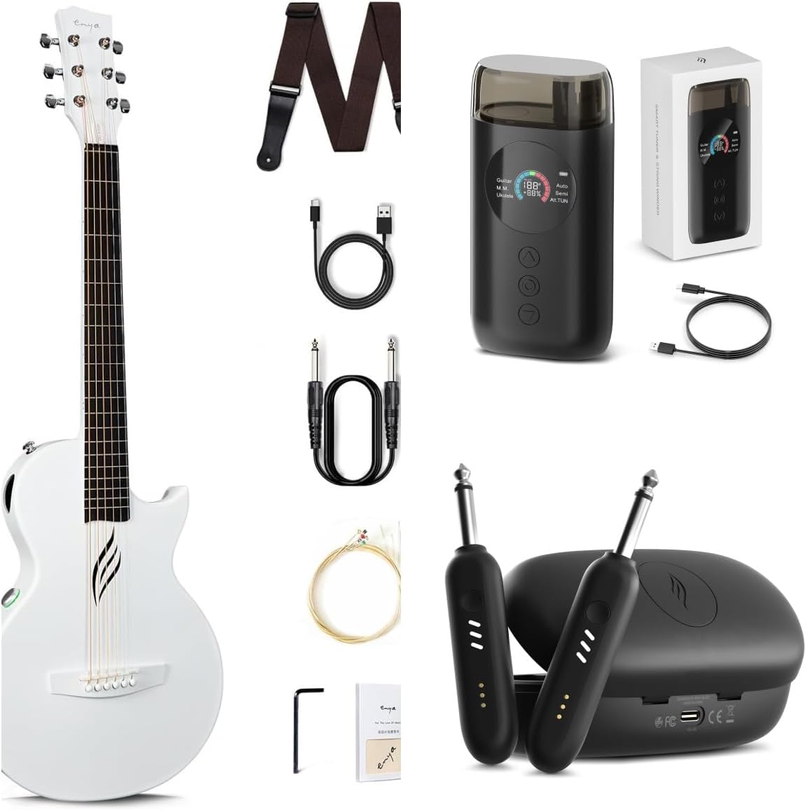 Enya NOVA Go SP1 Carbon Fiber Acoustic Electric Guitar with Smart AcousticPlus 35 Inch Travel Acustica Guitarra Starter Bundle Kit(White) & Enya