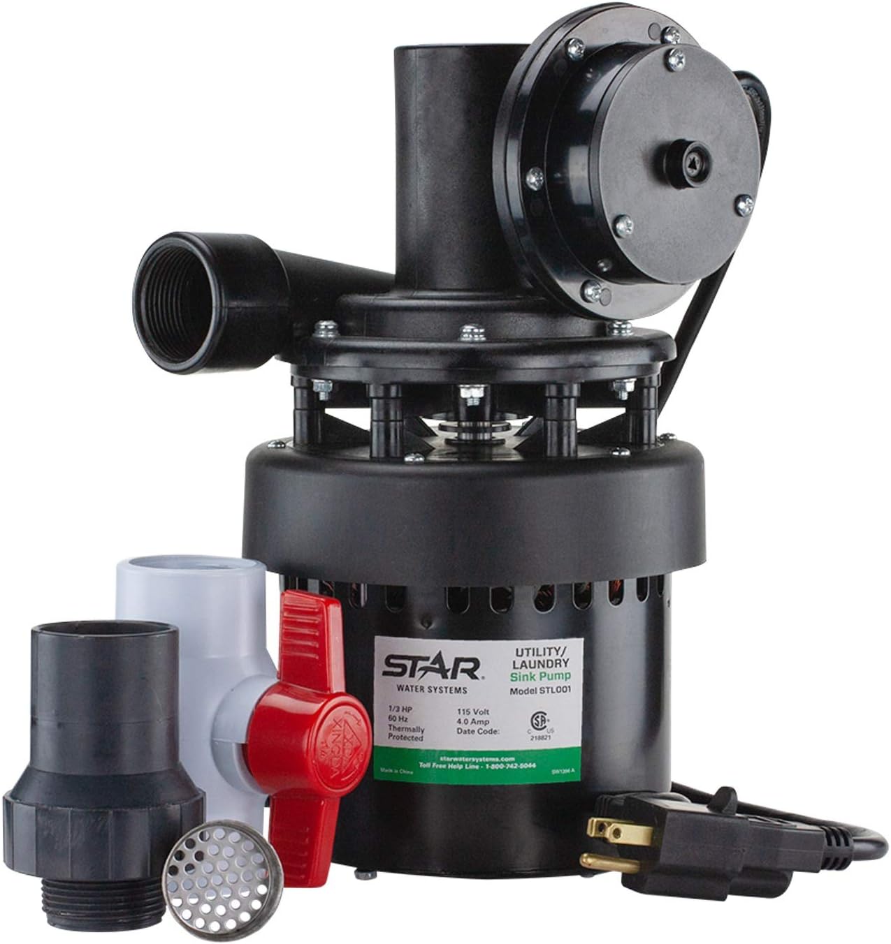 Star STL001 Automatic Utility/Laundry Sink Pump (1/3 HP) Mounts Directly Under Sink Tub, Heavy-Duty Thermoplastic, 115V, Includes Drain Screen