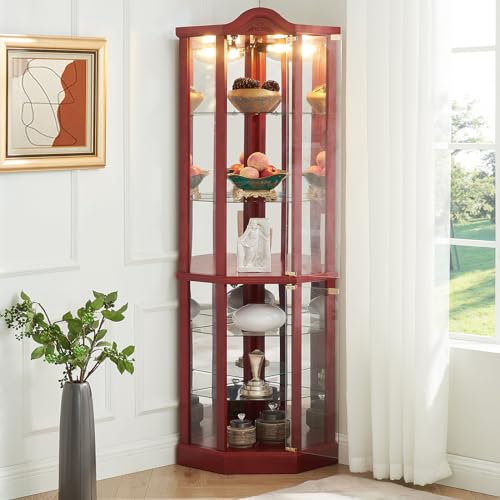 Glass Display Cabinet with Glass Doors, Corner Curio Cabinet with 4 Adjustable Glass Shelves