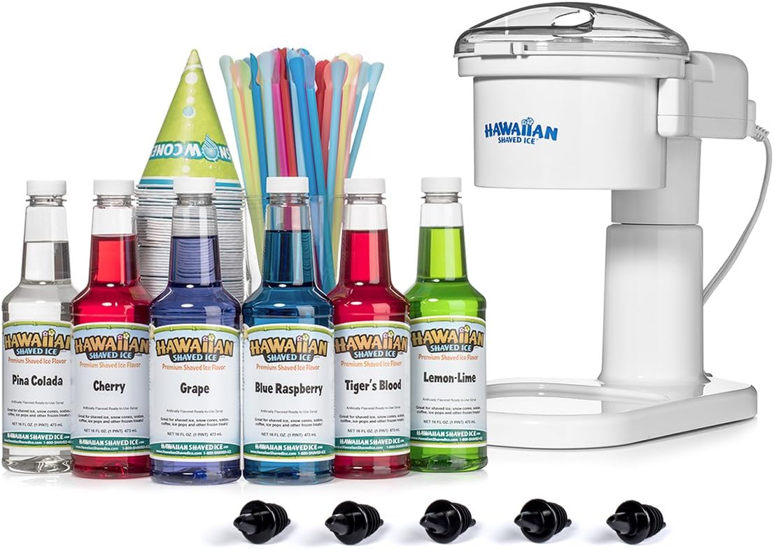 Hawaiian Shaved Ice Snow Cone Machine Package with 6 Flavoring Syrups and Party Ready Accessories