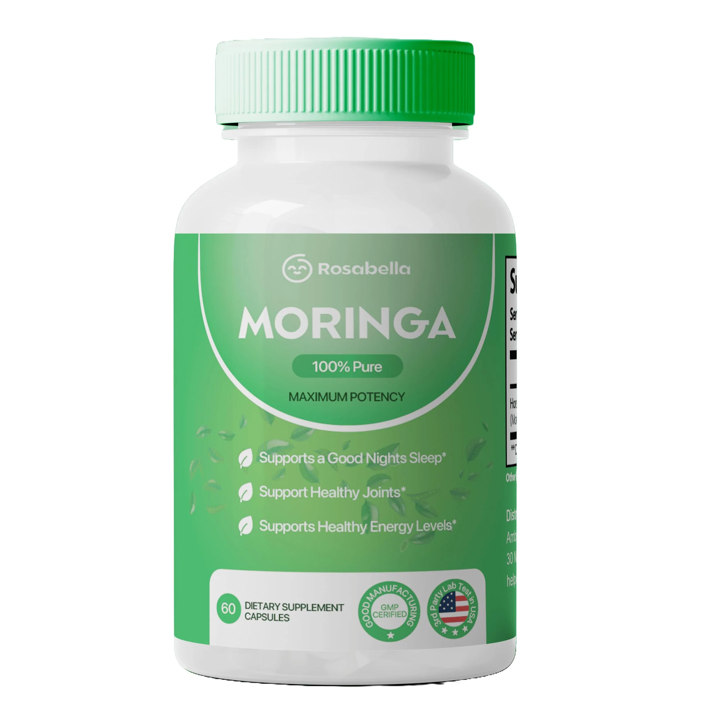 Rosabella Moringa Powder Capsules - 800mg of Pure Nutrient-Rich Moringa Powder - A Natural Green Antioxidant Superfood - Supports Energy, Skin Health