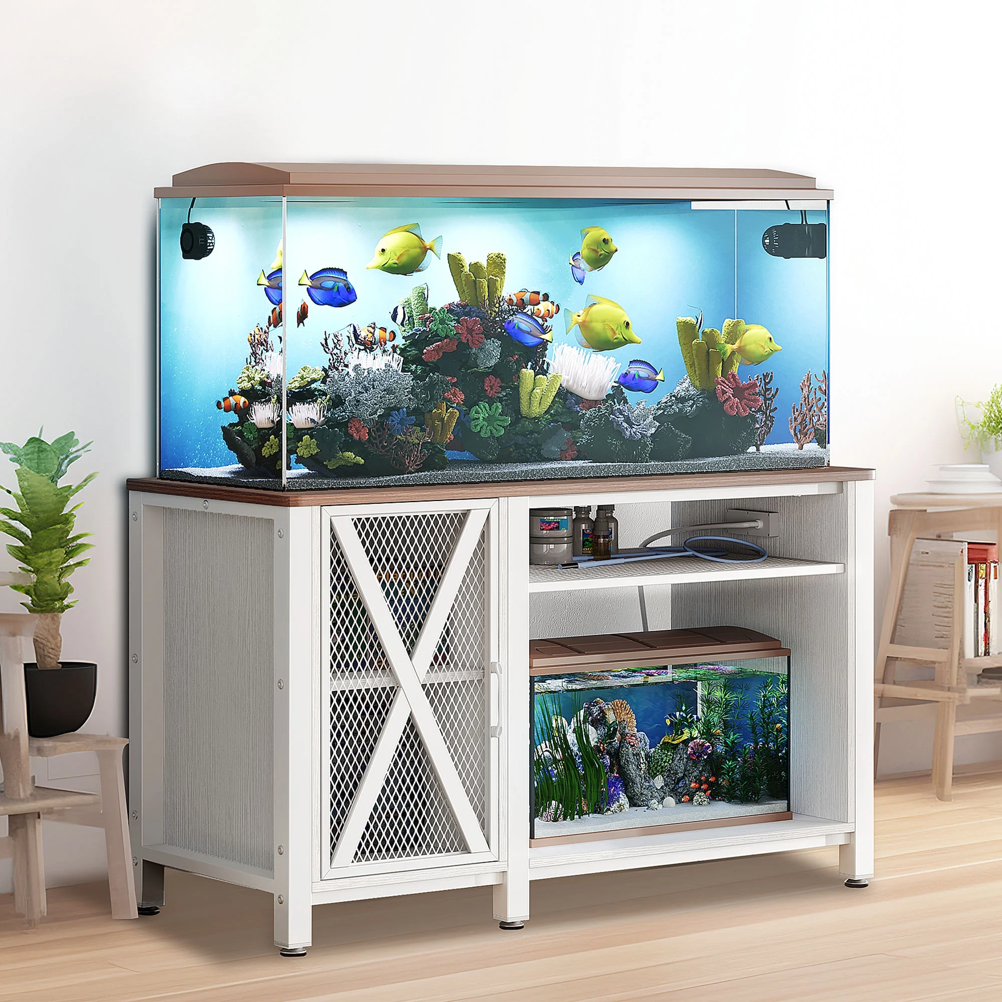 DWVO 55-75 Gallon Fish Tank Stand Heavy Duty Metal Aquarium Stand with Cabinet and Power Outlets, 865lbs Capacity - White - Curated Treasures Market