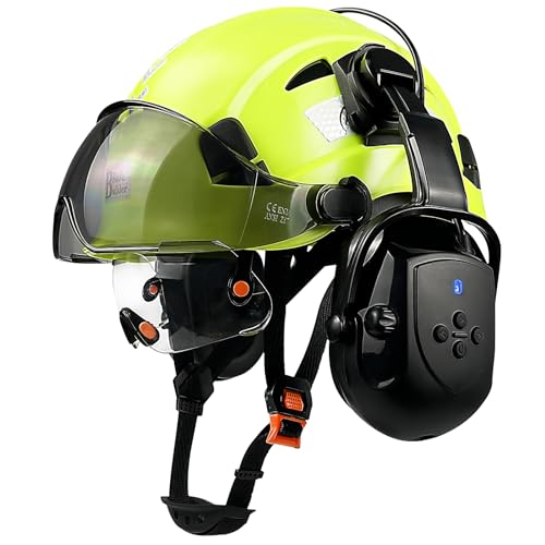 SAFEBUILDER Safety Helmet with Visor Bluetooth Ear Muffs SNR 26dB Hard Hat with Visors Mounted Ear muff Hardhats Vented ANSI Z89.1