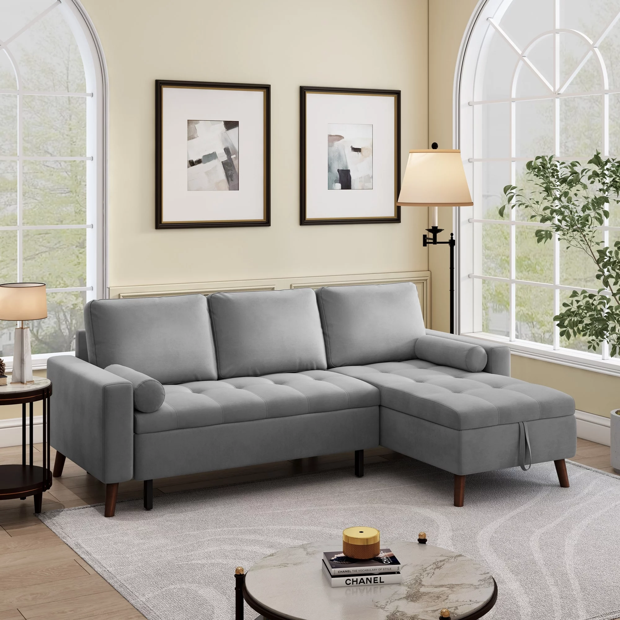 88" Reversible Pull out Sleeper Sectional Storage Sofa Bed Grey