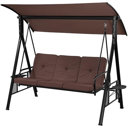Yaheetech 3-Seat Deluxe Outdoor Patio Porch Swing with Angle-Adjustable Sunshade/Cupholder/Lie Down Hanging Chair, Lounge Chair for 3 People