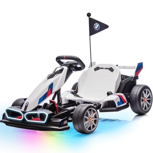 Electric Go Kart with Adjustable Seat, 24V Licensed BMW Drift Kart with Dual 200W Motors, Crazy Go Cart for Kids Ages 6-12, LED Lights