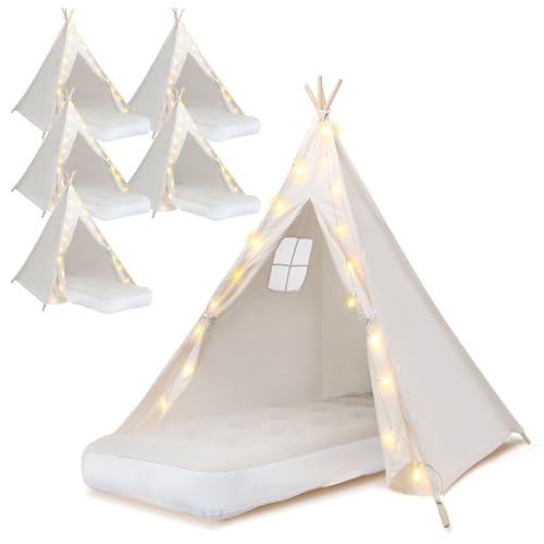 6 Pack Teepee Tent for Kids [Thickened] with Light String and Inflatable Airbed, Slumber Party Tents