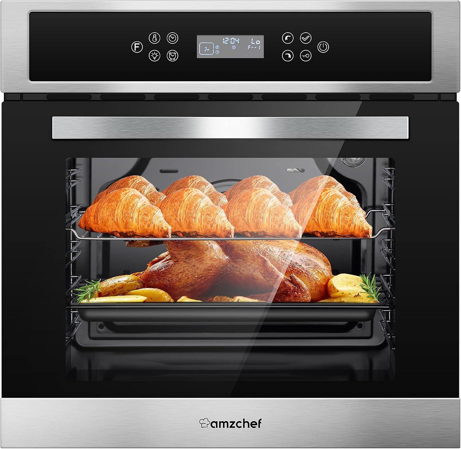 AMZCHEF Single Wall Oven 24" Built-in Electric Ovens with 11 Functions, 8 Automatic Recipes, 2800W, 240V