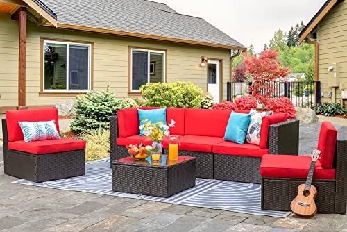 Vongrasig 6 Pieces Outdoor Patio Furniture Set, PE Wicker Rattan Sectional Sofa Patio Conversation Sets with Coffee Table for Garden, Backyard