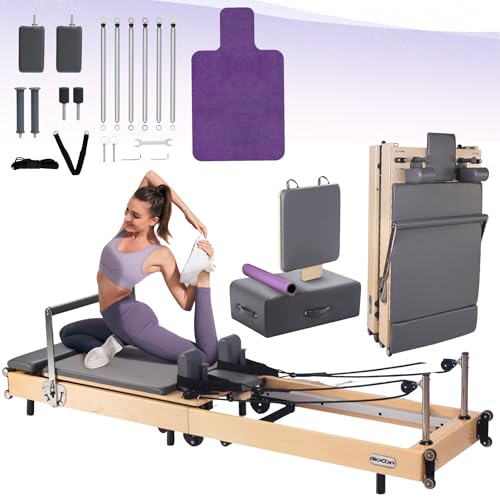Extended Pilates Reformer, Foldable Wood Pilates Machine with Sitting Box, Jump Board and Anti-Slip Mat for Strength, Rehab & Flexibility