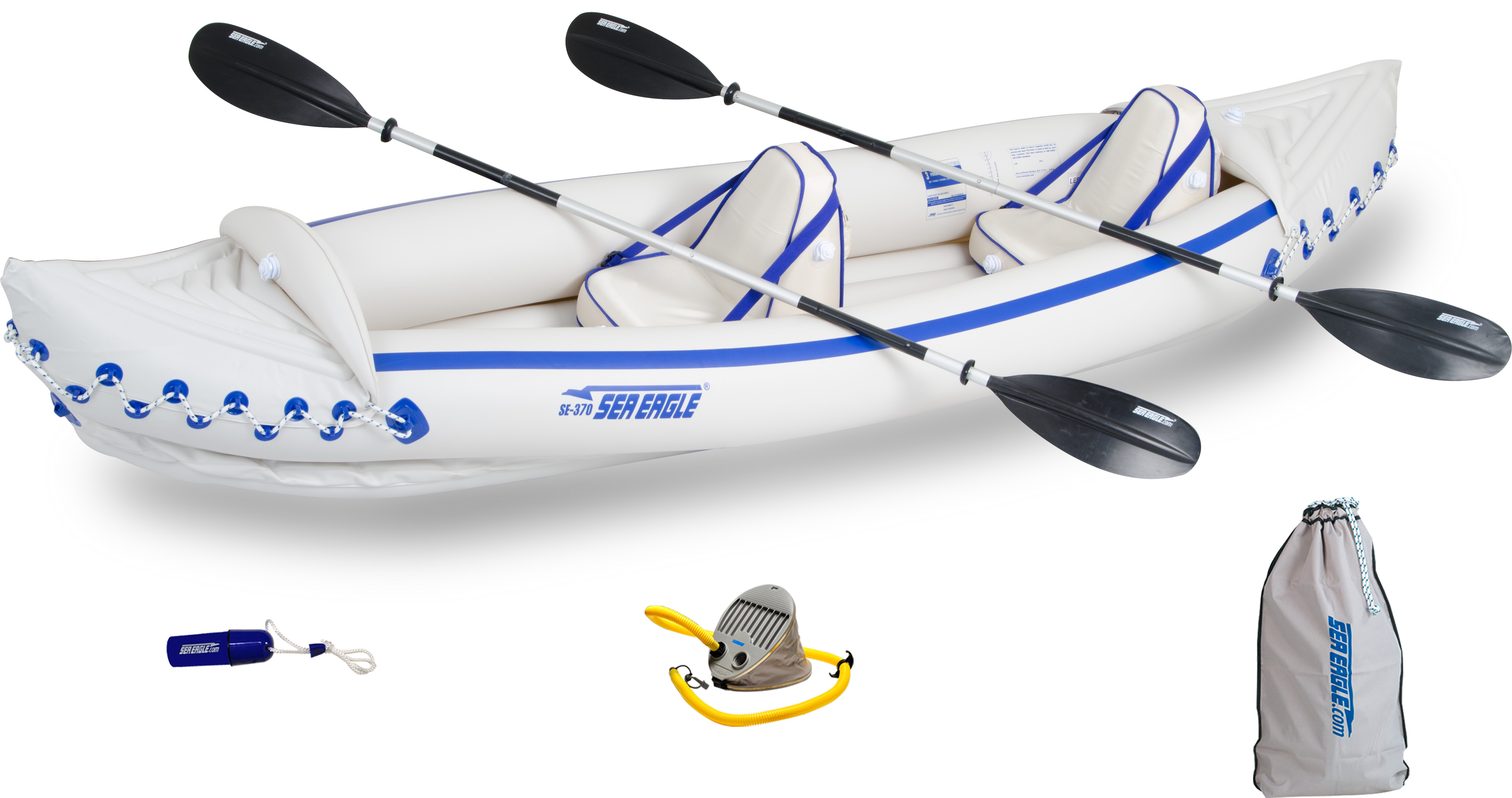 Sea Eagle SE370 Inflatable Sports Kayak -1-3 Person-Portable Stowable & Lightweight-with Seat(s), Paddle(s), Pump and Bag – Pro Package