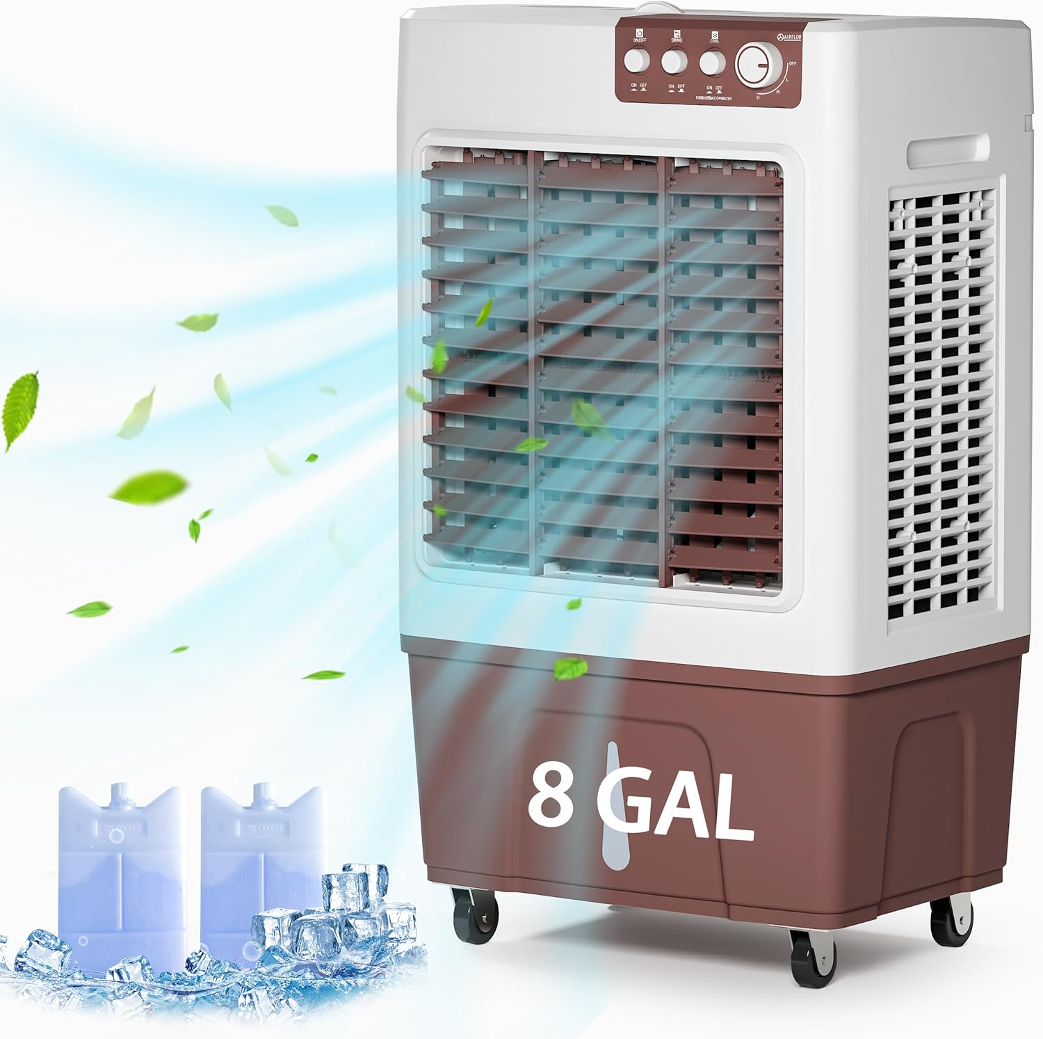 Evaporative Cooler, 3500CFM Evaporative Air Cooler with 8 Gal Large Tank, 130°Oscillation Swamp Cooler Air Conditioner with Push Button, 2 Ice Packs
