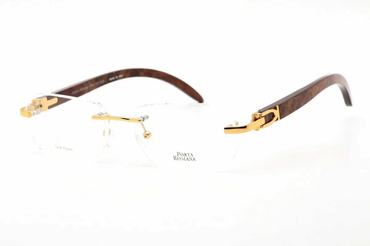 Porta Romana Model 1954- Gold Plated Frame with Burl Red Lacquered Wood Prescription Eyeglass Frames