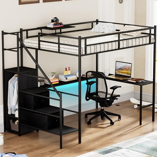 Full Size Loft Bed with L-Shaped Desk, LED Lights and Charging Station, Full Size Loft Bed with Stairs, Wardrobe and 2 Storage Drawers(Black Full)