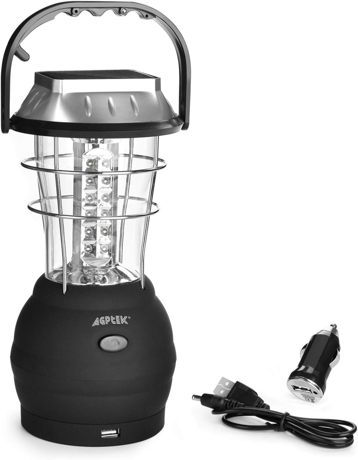 AGPTEK Solar Lantern, 5 Mode Hand Crank Dynamo 36 LED Rechargeable Camping Lantern Emergency Light, Ultra Bright LED Lantern - Car Charge