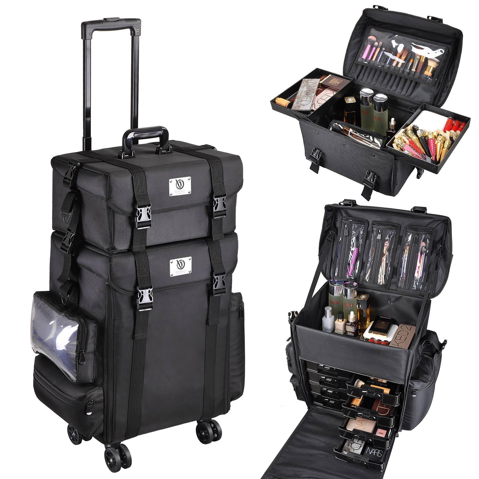 AW Black 2in1 Soft Sided Rolling Makeup Case Nylon Cosmetic Train Bag with Drawers